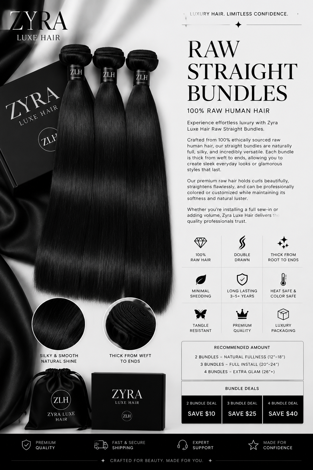 ZYRA Hair Single Donor Raw Vietnamese Straight Bundles